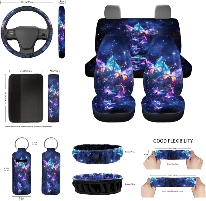 Galaxy Butterfly Car Seat Cover Set - Purple Auto Steering Wheel & Rear View Mirror Covers, Wristlet Keychains, Coasters