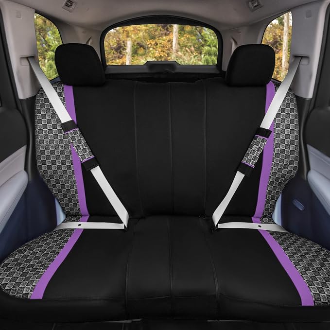 We Are Young Life is Fun™ Checker Car Seat Covers Universal Fit Interior Accessories Full Set Purple Seat Cover Combo Steering Wheel Cover and Seat Belt Pads, Airbag and Split Rear Car Seat Covers