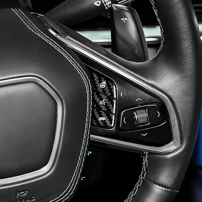 Steering Wheel Button Covers with Real Carbon Fiber - 5PCS for C8 Steering Wheel Button Stickers with Heating and Voice Control Button, for Corvette C8 2024 2025 Accessories (Black)