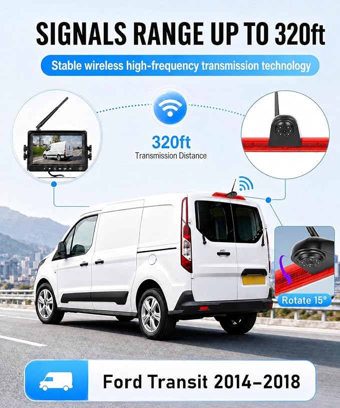 7'' Monitor Rear View Cam for Ford Transit 2014–2018,3rd Brake Light Replacement Cam,Black&White Night Vision,IP67,BSD Blind Spot Detection, Loop Recording,Parking Guide Lines,Adjustable Viewing Angle