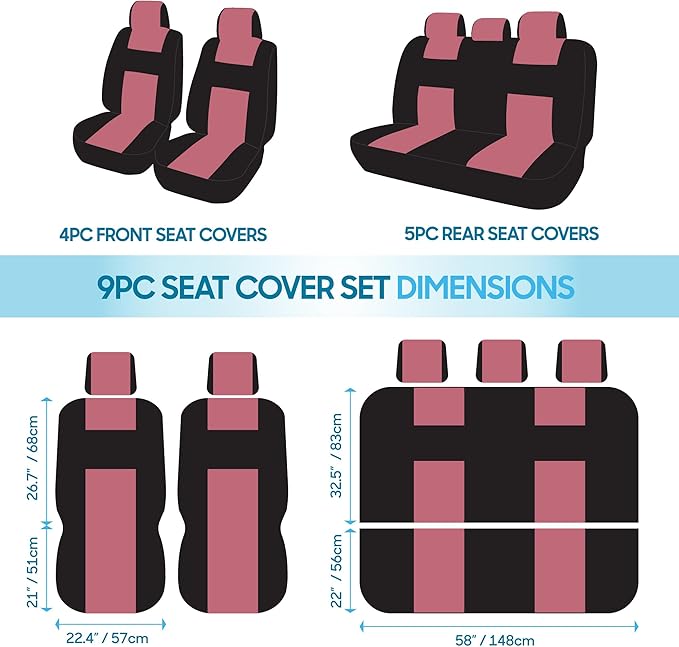 BDK PolyPro Car Seat Covers Full Set in Pink on Black, Front and Rear Split Bench Seat Covers for Cars, Easy to Install Car Seats Cover Set and Accessories for Auto Trucks Van SUV - Pink