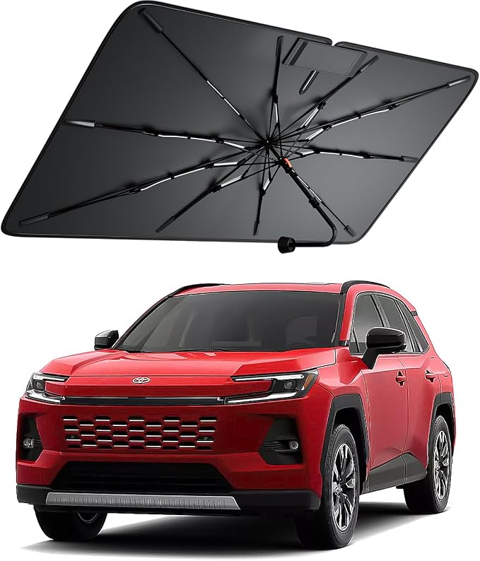 Windshield Sun Shade for Toyota RAV4 / Grand Highlander/Highlander 2000–2026, Foldable Umbrella Sunshade with 100% UV Block, Multi-Layer Heat Insulation, Reinforced 10-Rib Frame