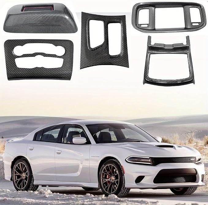 5-Piece Interior Trim Set, Carbon Fiber Shift Boot & Center Console Panels, for 2016-2021 Dodge Charger - Car Interior Accessories Kit - Enhance Car Interior Style (Carbon Fiber Black)
