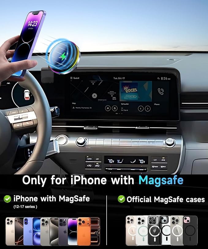 Car Phone Holder for 2024 2025 2026 Hyundai Kona/Kona EV Electric Accessories 15W Fast Wireless Charger Screen Fixed Clip HandsFree Cell Phone Mount 360° Rotation (12.3 Inch)