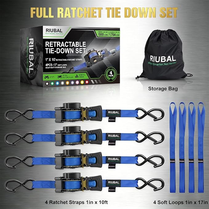 Retractable Ratchet Straps (4-Pack) - 1 Inch x 10 Feet (1,764lb Break Strength) - Auto Self Retracting Tie Down Straps Heavy Duty for Motorcycle, ATV, UTV, Truck, Cargo Trailer – Blue