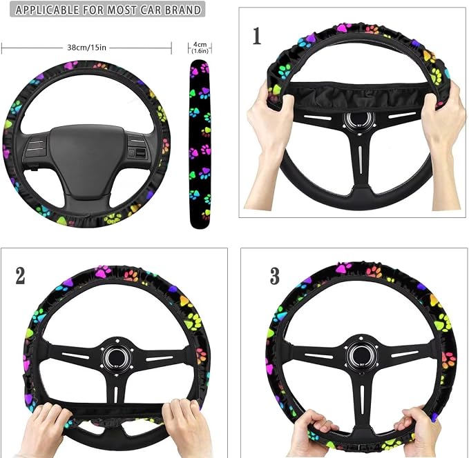 POLERO Colorful Dog Paws Car Seat Cover Sets 11pcs Cute Steering Wheel Cover Auto Seat Belt Shoulder Pads Cupholder Coasters Cute Keychains Full Set