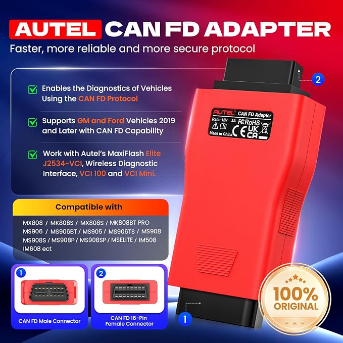 Autel CAN FD CANFD Adapter for GM MY2020 Vehicles, 2026 Compatible with Autel Scanner Diagnostic Scan Tool MaxiCOM MK808S MX808S DS808 Maxisys Elite 908 Series Models W/CAN FD Protocol (100% Original)
