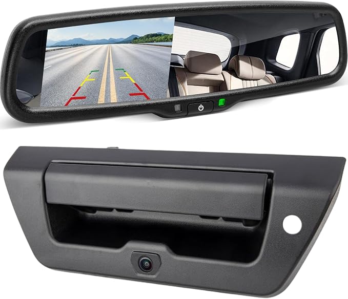 EWAY Tailgate Handle Reverse Backup Camera for Ford F150 2015 2016 2017 with 4.3" LCD Rearview Mirror Screen OEM Look Rear View Monitor Display with RCA Connector