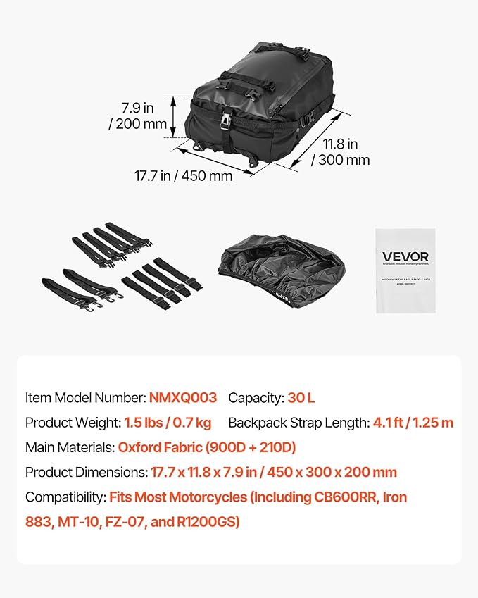 VEVOR Motorcycle Tail Bag, 30L Motorcycle Rear Seat Bag with Waterproof Rain Cover, Outdoor Sports Motorbike Luggage Storage Trunk Rack Backpack with Shoulder Straps, Universal Fit Rear Racks, Black