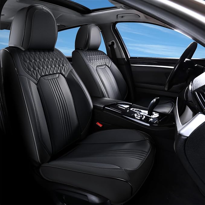 Coverado Seat Covers Full Set, Leather Car Seat Cover, Waterproof Car Seat Protector, Automotive Seat Covers Car Seat Cushion Universal Fit for Most Cars, Black