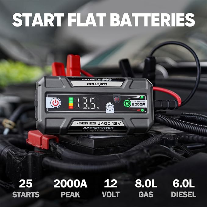 LOKITHOR J400 2000A 12V Portable Lithium Jump Starter, Car Battery Booster Pack, USB-C Powerbank Charger, and Jumper Cables for Upto 8.0-Liter Gas and 6.0-Liter Diesel Engines