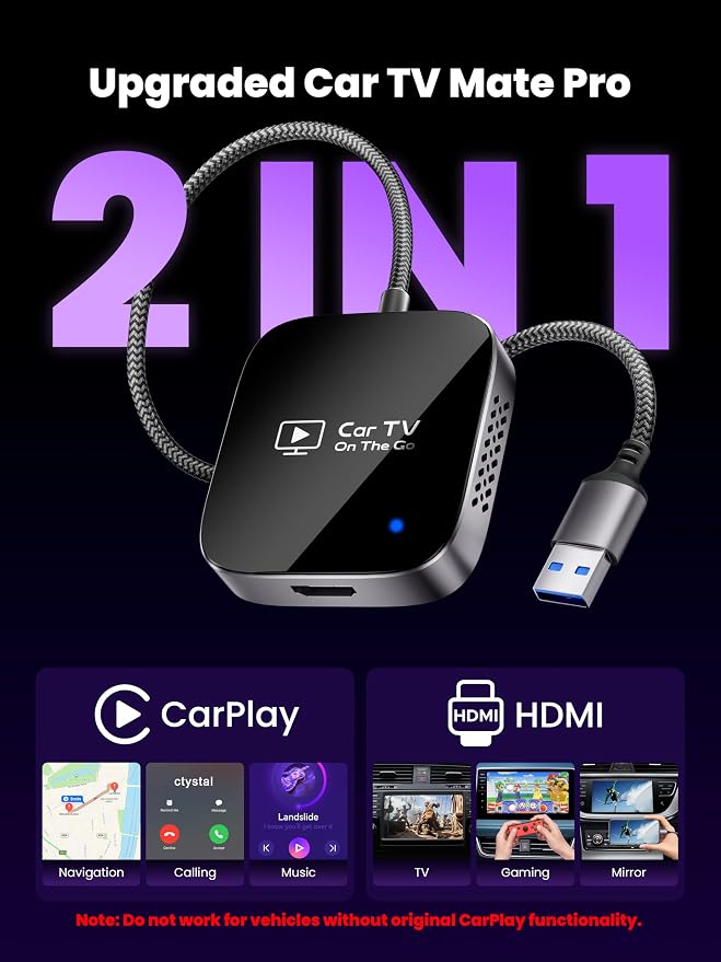 2-in-1 Wireless CarPlay Adapter & Car TV Mate Pro 2026 [Metal & Glass Case, Autolink Pro] Convert Wired to Wireless Car Play with HDMI Input, Screen Mirroring & Streaming, Fit for 2016+ Cars -Black