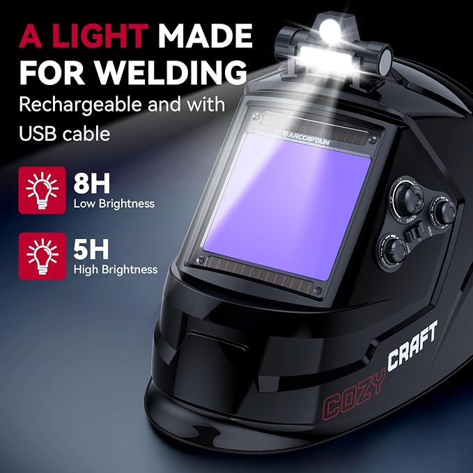 ARCCAPTAIN Large View 3.94" x 3.66" True Color Auto Darkening Welding Helmet with Light, Solar Powered Welding Hood, 4 Arc Sensor Wide Shade 4/5-9/9-13 for Stick MIG TIG Cut,Glossy Black