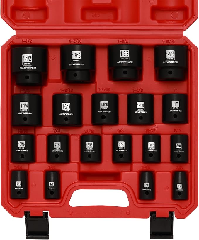 MIXPOWER 19 Piece 1/2-Inch Drive Standard Impact Socket Set, SAE, Shallow, 3/8" to 1-1/2", Cr-Mo Alloy Steel, Radius Corner Design, Impact Grade