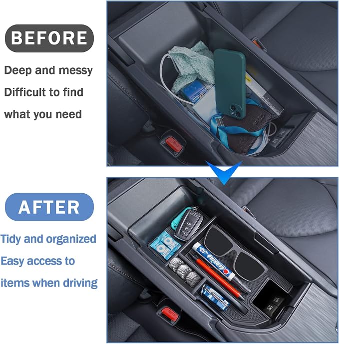 TOPINSTALL Black Center Console Tray and Red Rubber Liners Compatible with 2018-2024 Camry Accessories, Interior Armrest Storage Console Organizer Non-Slip Cup Holder Door Pocket Rubber Mats
