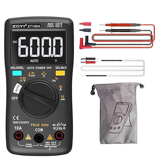 ZOYI Digital Multimeter, True RMS Auto-Ranging 6000 Counts with NCV. 750V AC, 1000V DC auto Identification, Data Hold, Resistance, Capacitance, Diode, Frequency and Temperature Measurement