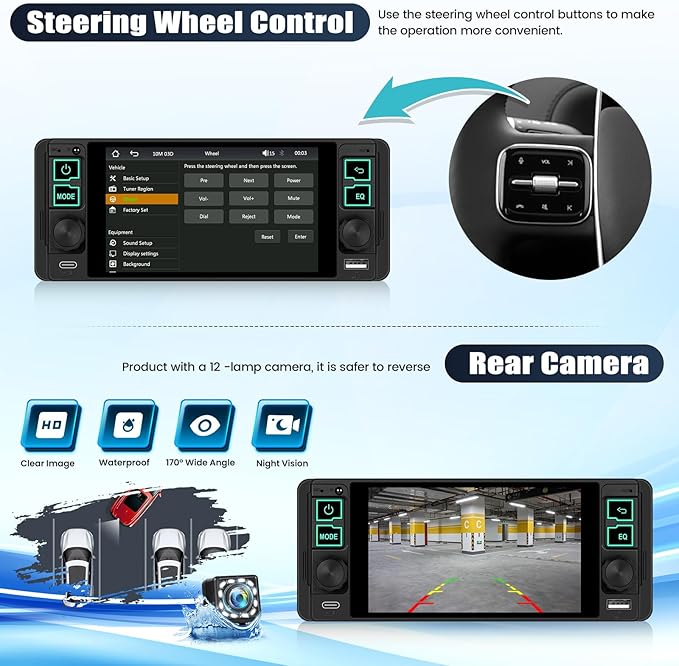 Single Din Touchscreen Car Stereo with Wireless Carplay&Android Auto,5.1 Inch Car Radio MP5 Player with Bluetooth FM Radio EQ Car Audio with USB/Type-C SWC+Backup Camera