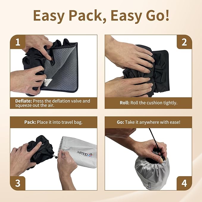 Inflatable Seat Cushion with Built-in Pump for Airplane Travel, Car & Office Chair - Portable Air Pad for Sciatica, Coccyx & Tailbone Pain Relief - 3D Air Cell Support for Long Sitting, 0.8lbs