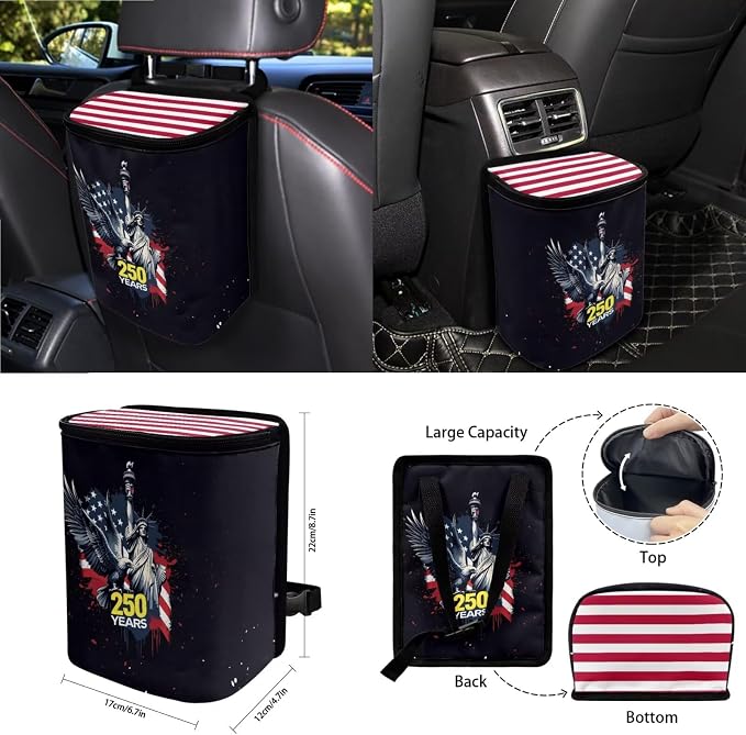 Wanyint Car Seat Cover Set 15 PCS, with Steering Wheel Seat Belt Rear View Mirror Cover Trash Can Cup Coaster Keychain Air Vent Storage Bag, US 250th Anniversary Auto Decor, Statue of Liberty Eagle