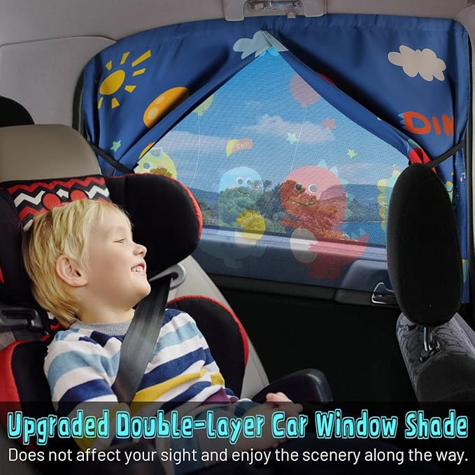 DIZA100 Car Window Shades, 2 PCS Magnetic Double Layer Sun Shade, Side Windows Privacy, Full Covers/Half Shade Options, Cute Dinosaurs, Compatible with Car, SUV, Minivan