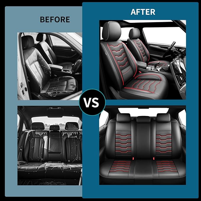 Fit Frontier Car Seat Covers Premium Leather for Nissan Frontier 2012-2025 2026. Waterproof， Anti-Slip, Scratch-Resistant & All-Weather Seat Cushion Protector (Full Set, Red Line Black)
