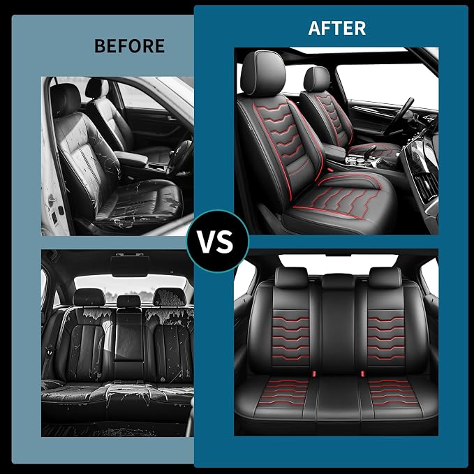 Fit Sorento Car Seat Covers Premium Leather for KIA Sorento 2007-2025 2026. Waterproof， Breathable, Scratch-Resistant & All-Weather Seat Cushion Protector (Full Set, Red Line Black)