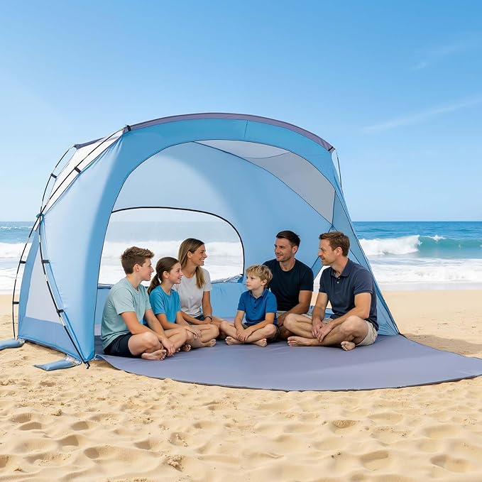 VEVOR Beach Tent Sun Shelter for 6 Person, UPF 50+, Portable Sun Shade Beach with Carrying Bag & Sand Pockets, Lightweight and Easy Setup Beach Umbrella for Family Camping Outdoor Picnic