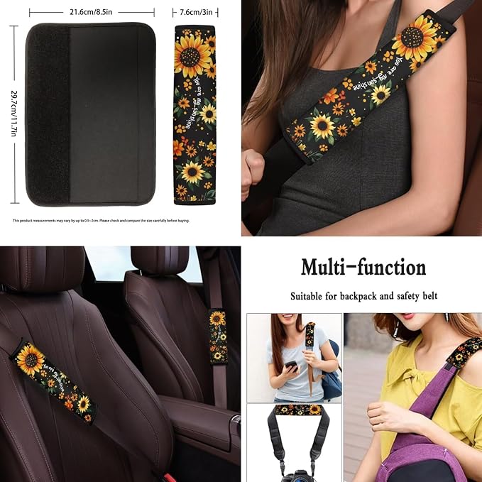 POLERO Sunflower Car Seat Covers for Women Floral Steering Wheel Cover You are My Sunshine Seatbelt Covers with Dog Paws Print Coasters Cute Keychains, 11pcs