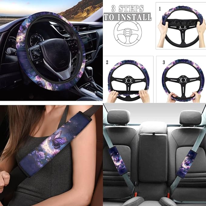 Tupalatus 9 Pcs Moon Butterfly Print Two Front Car Seat Covers with Steering Wheel Cover Auto Seat Belt Cover Coasters Gear Shift Cover Hand Brake Cover Car Accessories Set Easy to Install