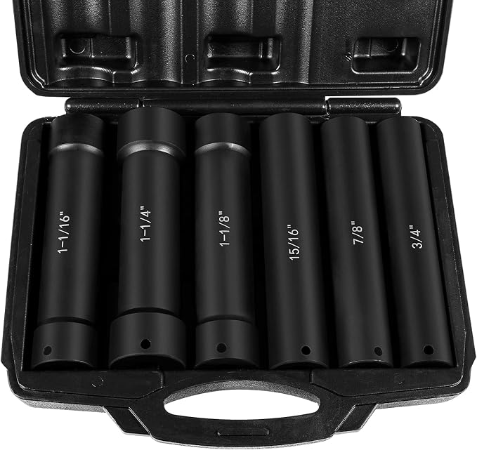 1/2 Inch Drive Extended Length Impact Socket Set - 6 Piece Extra Deep Impact Socket Set - Hex Size 3/4", 7/8", 15/16", 1-1/16", 1-1/8", 1-1/4" Heavy Duty With Storage Case For High Torque Use