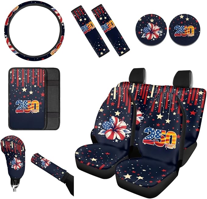 Wanyint Car Seat Cover Set, with Steering Wheel Seat Belt Pads Center Console Handbrake Gear Shift Cover Cup Coaster Holder for US 250th Anniversary, Pack of 12, American Flag Hibiscus Star Stripe