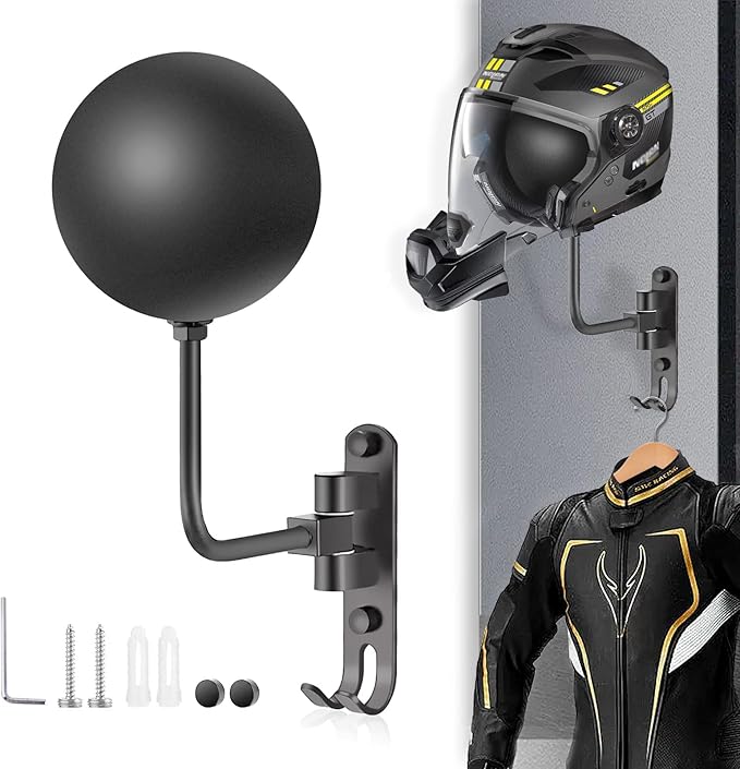 Motorcycle Helmet Holder Wall Mount 180 Degree Rotation Metal Bike Helmet Rack Mount Bicycle Helmet Display Stand Hanger with 2 Hooks Accessories for Motorcycle Baseball Rugby Helmet - Gray, 1 Pcs