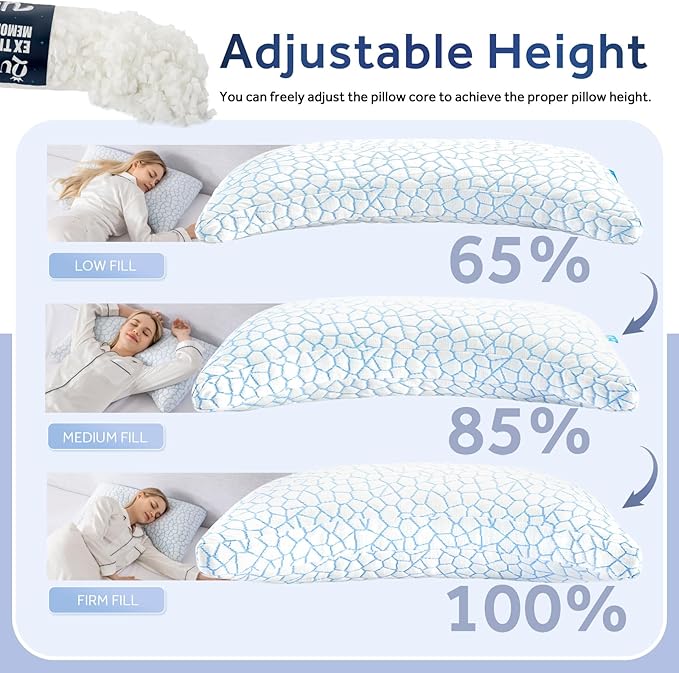 King Cooling Side sleeper pillow for adults, Curved neck support pillow for neck and shoulder pain Relief, Adjustable Shredded Memory Foam Bed Pillow 1 Pack with Additional Foam Fill Included (White)
