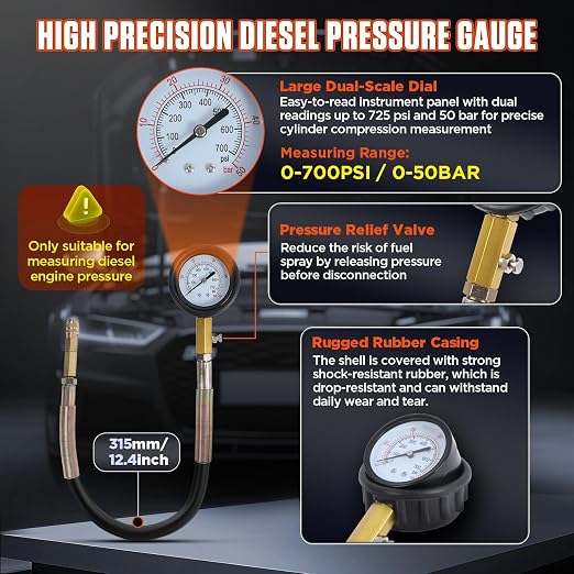 Compression Tester Automotive 46Pcs Petrol & Diesel Compression Tester Kit for HDI/TDCi/Pumpe Duse Engine Cylinder Leak Down Tester Kit with Compression Gauge,Dual-Meter Leak Detector, Adapters
