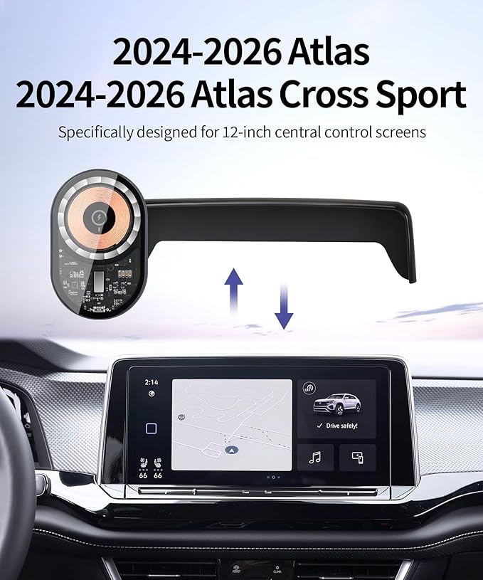 Wireless Charging Car Phone Holder for Volkswagen Atlas/Altas Cross Sport 2024-2026, 12" Screen Fixed Clip, 360° Rotation Car Phone Mount Compatible with MagSafe