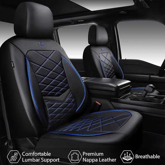 CAR PASS Luxury Nappa Leather Seat Covers Full Set, Water Resistant Faux Leather Seat Cover with Lumbar Support, Breathable Automotive Seat Covers Universal Fit for Sedan SUV Van Truck, Black Blue