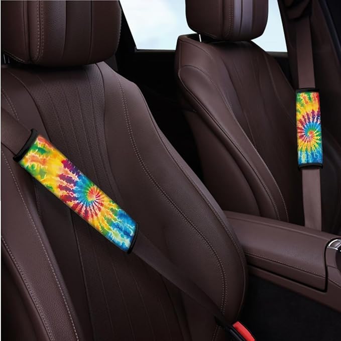BIGCARJOB 12 Pack Tie Dye Print Car Seat Cover Set for Front and Rear,Hippie Tie Dye Print Car Interior Accessories Full Set Seat Belt Cover,Armrest Pads,Cup Holder Coaster