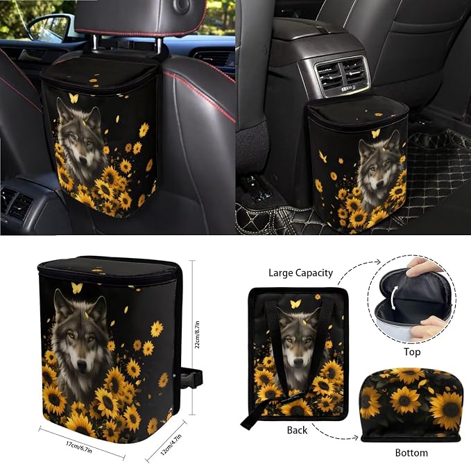Wolf Sunflower Print Car Seat Covers 15Pcs Full Set Car Steering Wheel Cover Seat Belt Cover Trash Bin Air Vent Storage Box Rear View Mirror Car Cup Holder Keychain, Black