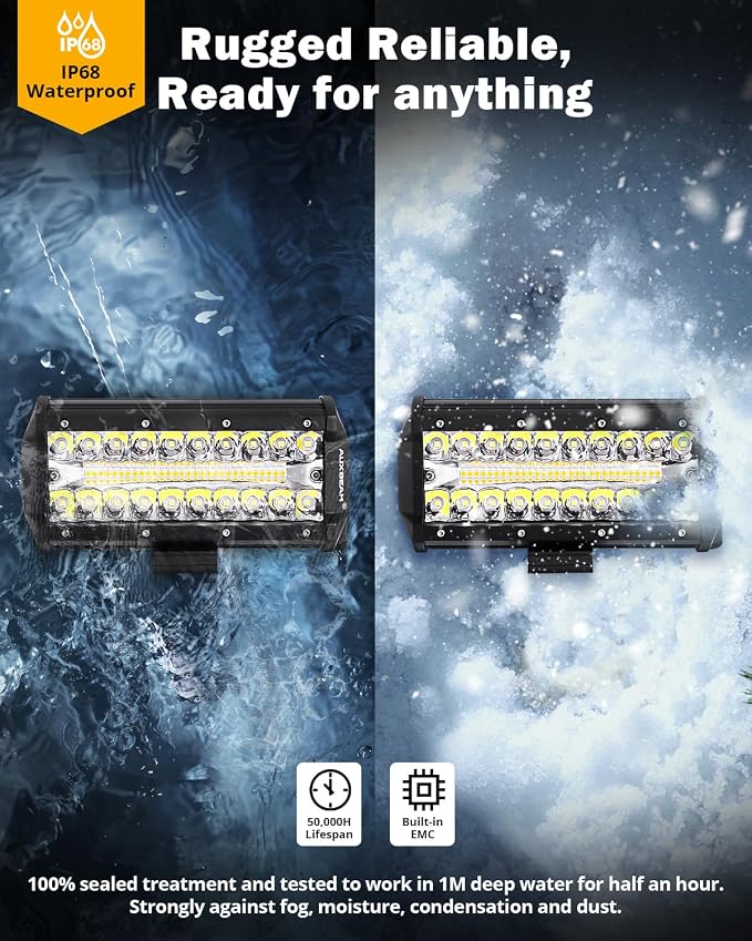 Auxbeam 6 Modes Amber White Series 7-Inch 300W LED Pods Light Bar | Spot flood combo, Dual color, Flashing strobe lights, Memory function, Truck fog lights, for Jeep car motorcycle ATV