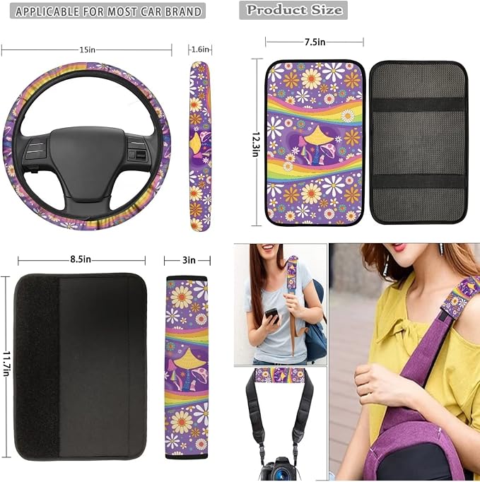Mumeson Cute Hippie Flower Mushroom Car Seat Covers Set with Steering Wheel Cover + Safety Seat Belt Pads + Armrest Cushion Pad for Car 8 Pack Car Accessories Decor for Womens Universal