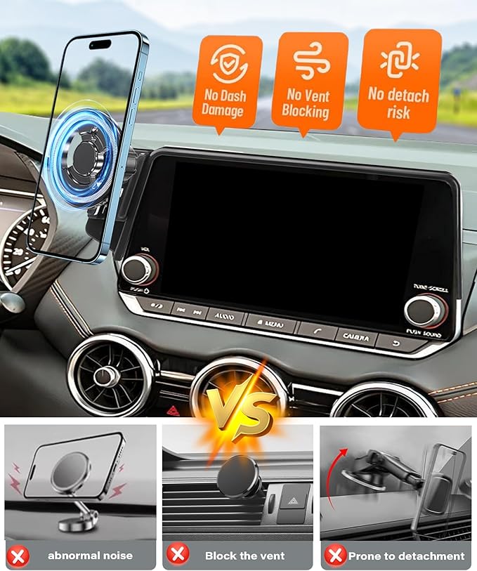 Magnetic Car Phone Mount for 2021-2026 Nissan Rogue / 2019-2025 Altima / 2020-2025 Sentra, for MagSafe Strong Magnets Cell Phone Holder 8-Inch Touch Screen Cradles,with portable phone gripper