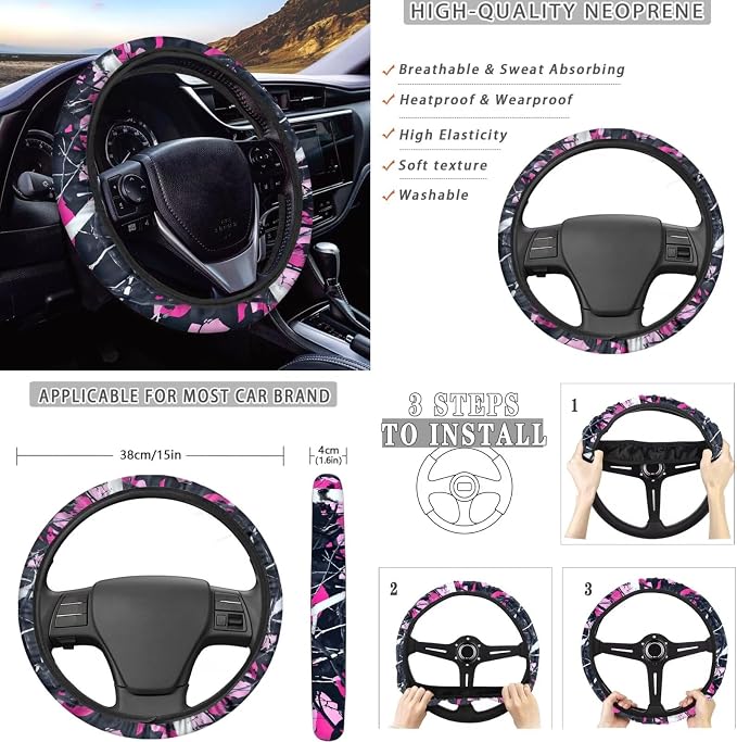 KEIAHUAN Pink Muddy Camo Branch Car Accessories Include Car Seat Cover Headrest Cushion Pads/Cup Coasters/Gear Shift Cover Handbrake Cover/Steering Wheel Cover Full Set of 11 for Women