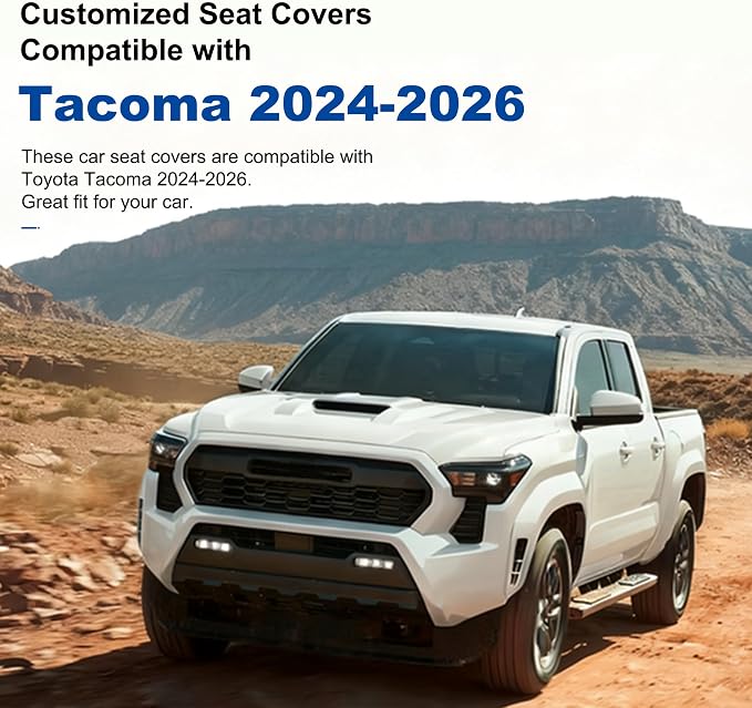 Seat Covers Compatible with 2024 2025 2026 Toyota Tacoma Double Crew Cab Waterproof Leather Seat Protectors for Trucks (5pc Full Set, Black&Grey)