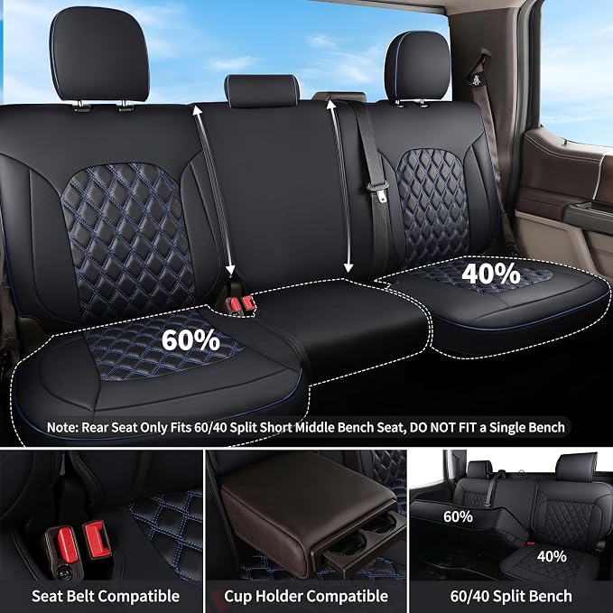 Huidasource Dodge Ram Seat Covers, Front&Rear Pickup Truck Leather Seat Cover Fit for 2009-2018 1500, 2010-2025 2500/3500 Crew Mega Cab, 2019-2025 ram 1500 Classic only(Full Set/Black&Blue)