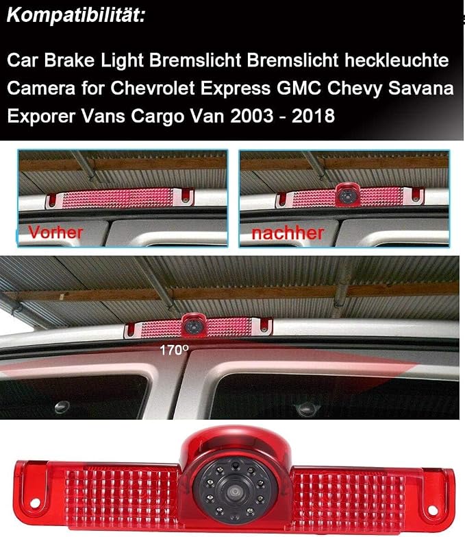 7 inch LCD Mirror Monitor+High Mount Brake Light Rear View Reverse Backup Camera Replacement for Chevrolet Express GMC Chevy Savana Exporer Vans Cargo Van 2003-2018