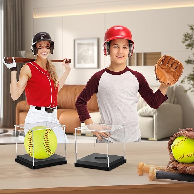 Hooqict 2 Pack Arcylic Softball Display Case Clear Softball Holder UV Protected Stand Championship Display Case Memorabilia Square Box for Golf Tennis Game Ball Baseball