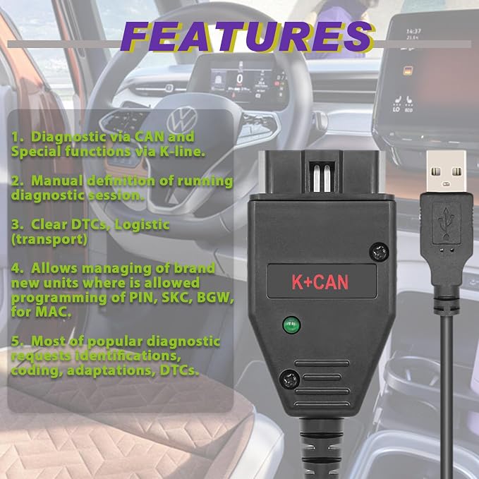 OBD2 Cable for V A G K+CAN Commander v1.4 Diagnostic Scanner Tool,Compatible with V-W/Audi/Skoda/Seat Vehicles,Fit for ECU Programming Tool OBDII Code Reader