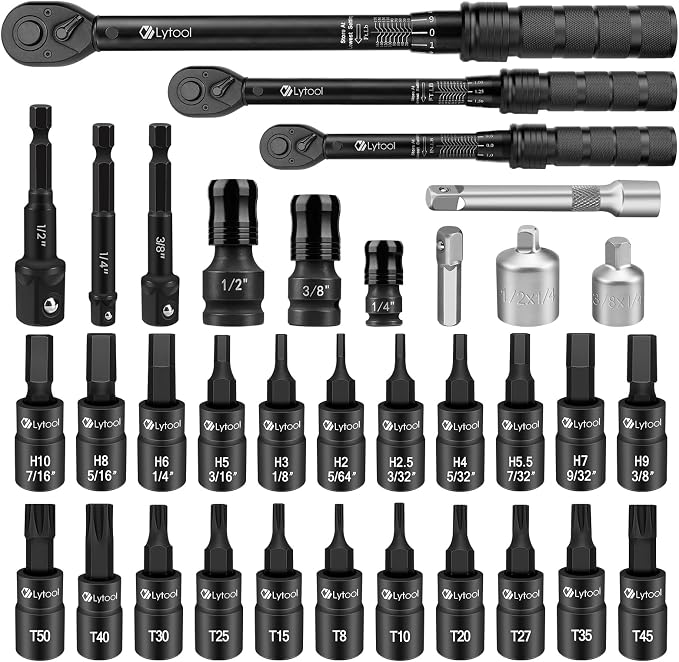 Lytool 3-Piece 72-Tooth Click Torque Wrench Set(1/4" 3/8" 1/2" Drive) with Torx and Hex Bit Socket Set 1/4”