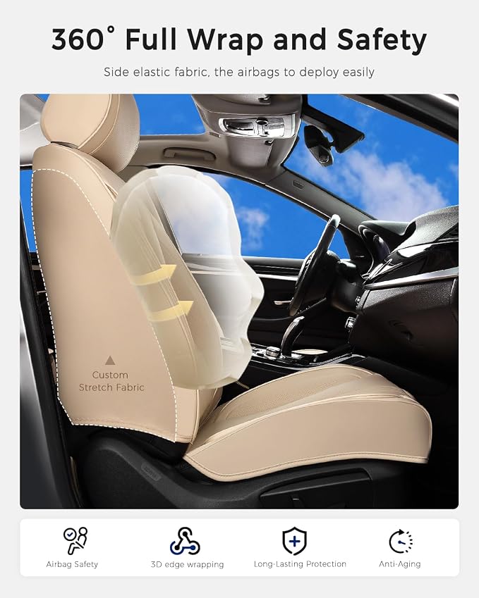 Huidasource Seat Covers Full Set, Seat Cover Nappa Leather with Lumbar Support, Side Elastic Fabric, Velcro Adjustable, Airbag, Ventilation Heating, Universal Fit for Most Cars SUV Trucks, Beige