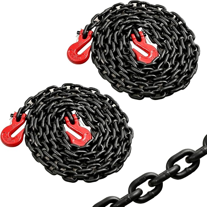 Heavy Duty G80 Transport Binder Chain 5/16'' Inch x 10 Feet,Tow Chain with G70 Clevis Grab Hooks,4900 lbs Safe Working Load Logging for Transporting, Towing(5/16'' x 10FT Black)-2 Packs